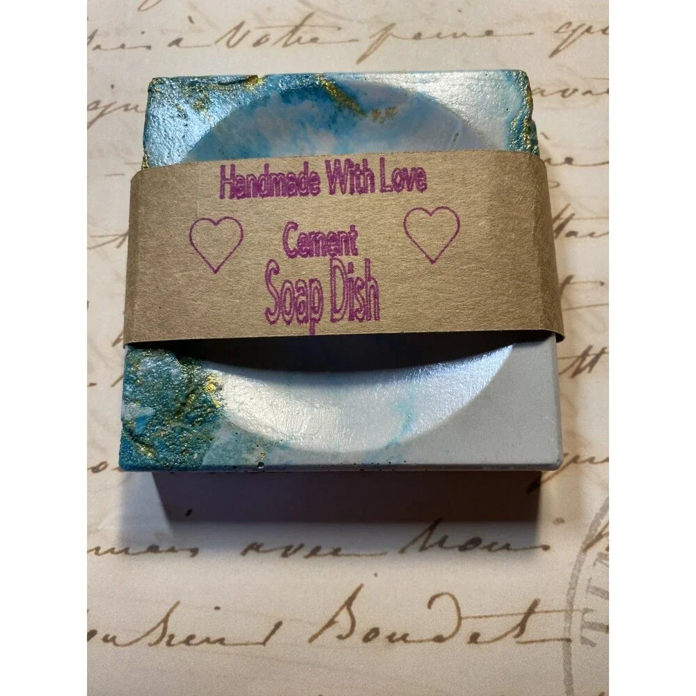 Handmade Soap Dish Cement Soap Holder Square Bathroom Kitchen Teal With Gold